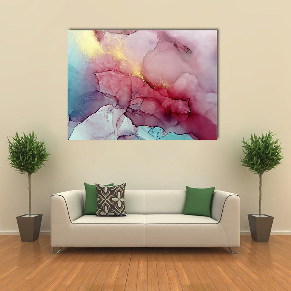 Splash Of Fluid Artwork Canvas Wall Art in gold, blue and pink, single panel hung on a wall