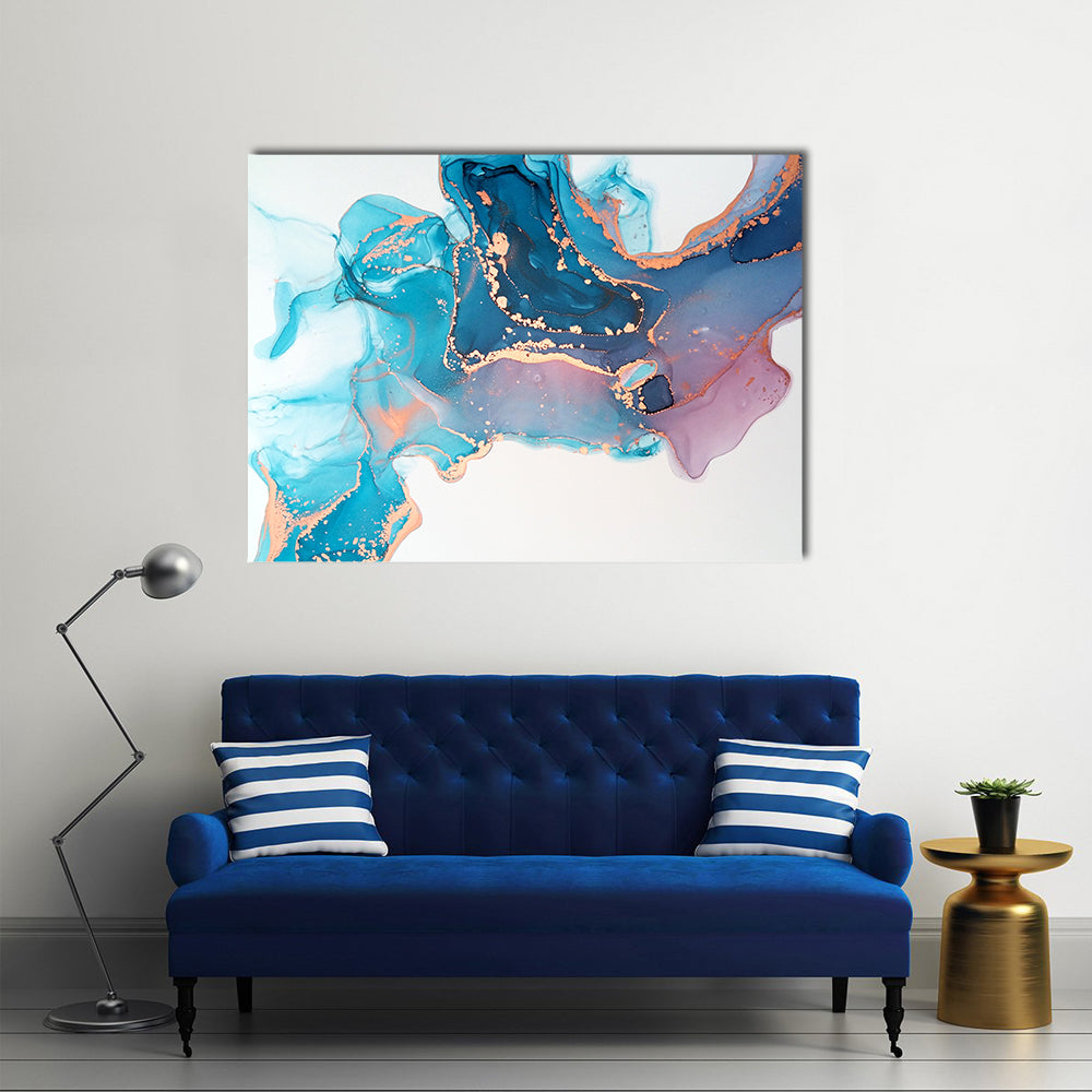 Waterfall Of Fluid Inks Canvas Wall Art in white, gold and blue, single panel hung on a wall