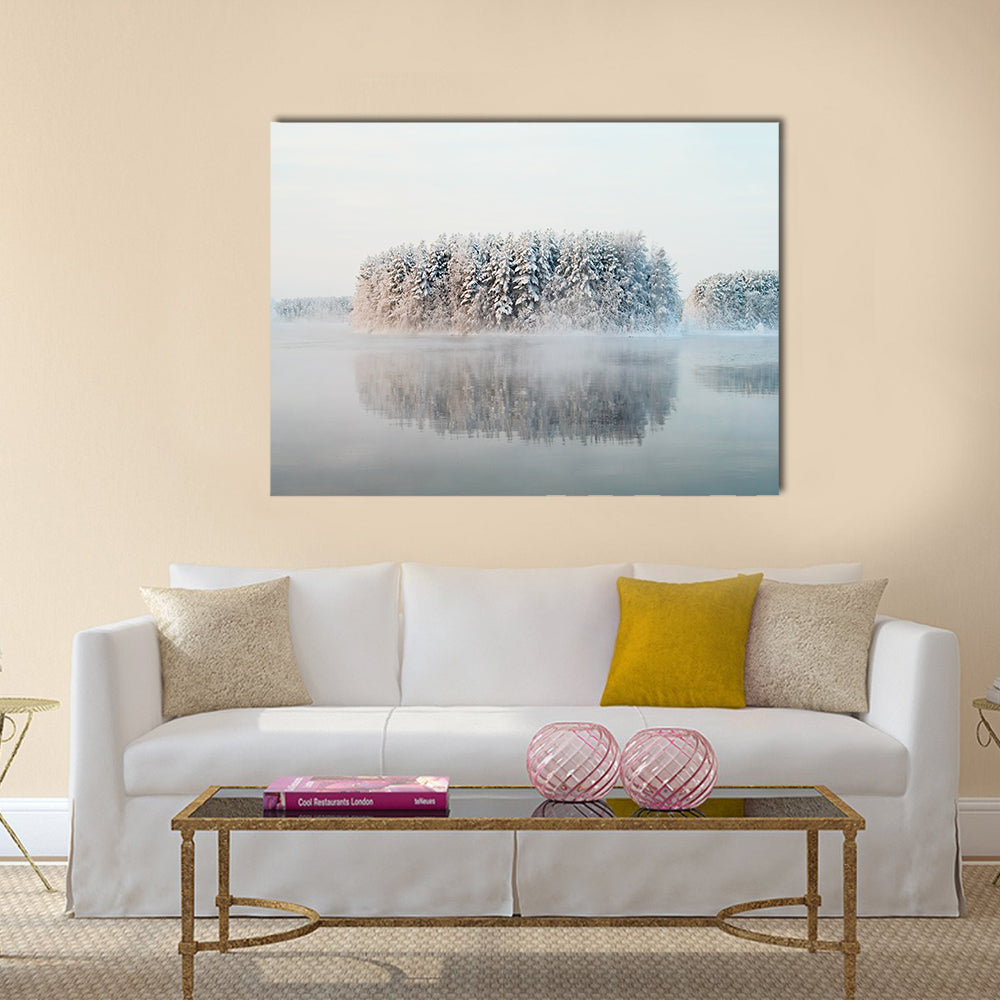 Unfrozen Lake In Winter Forests Of Karelia Russia Canvas Wall Art