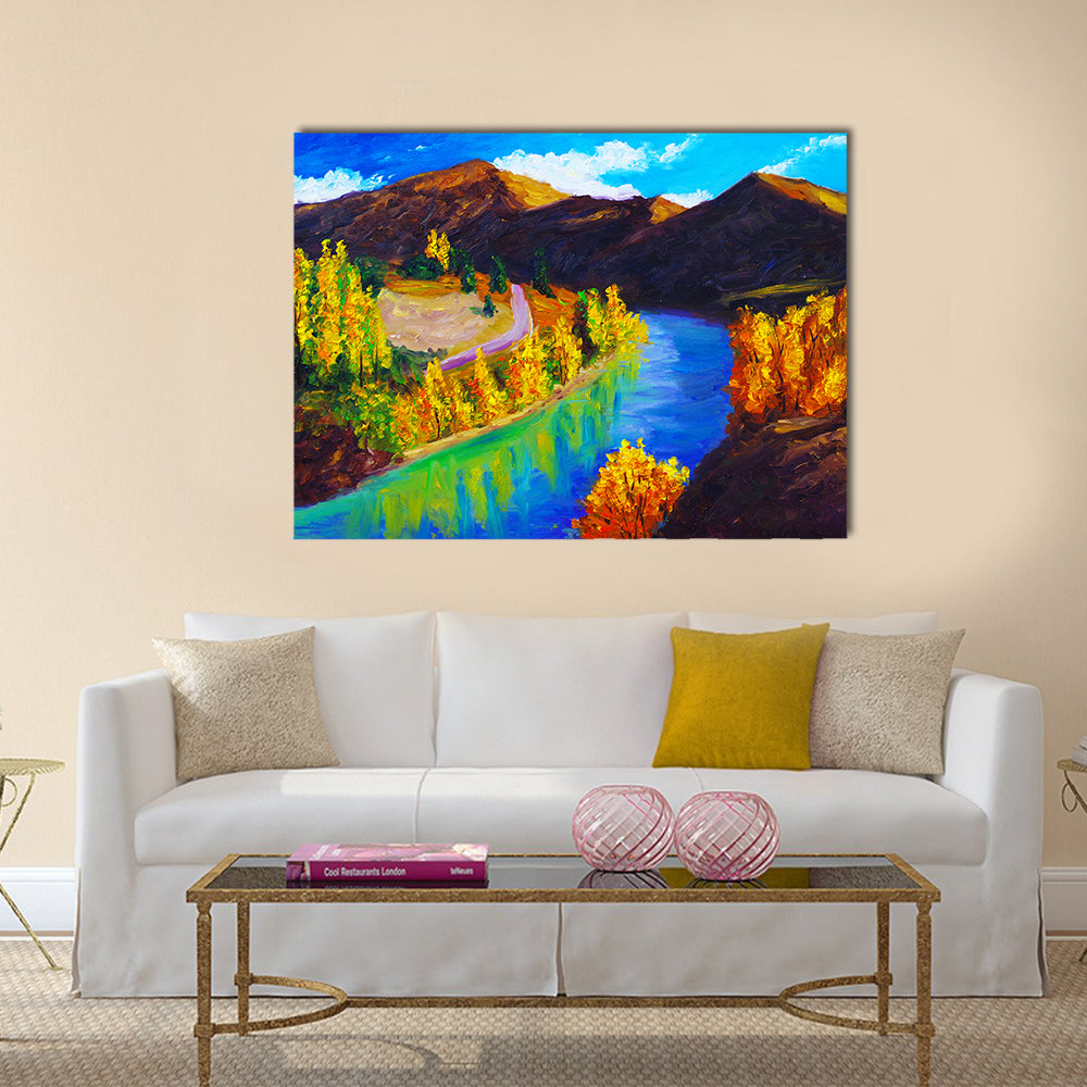 Autumn River Oil Painting Canvas Wall Art in orange, yellow and blue, single panel hung on a wall