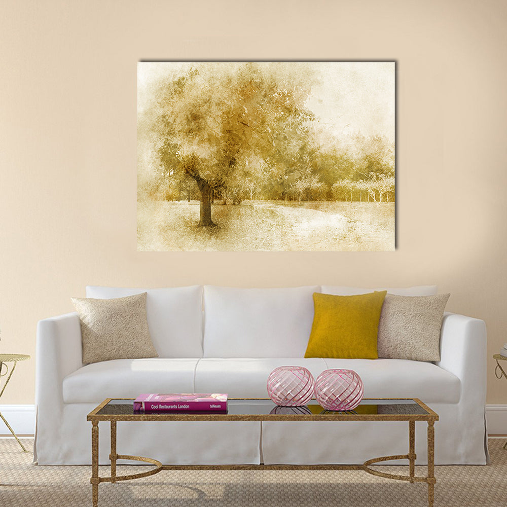 Sepia Autumn Park with Lone Tree Canvas Wall Art in beige, brown and yellow, single panel hung on a wall