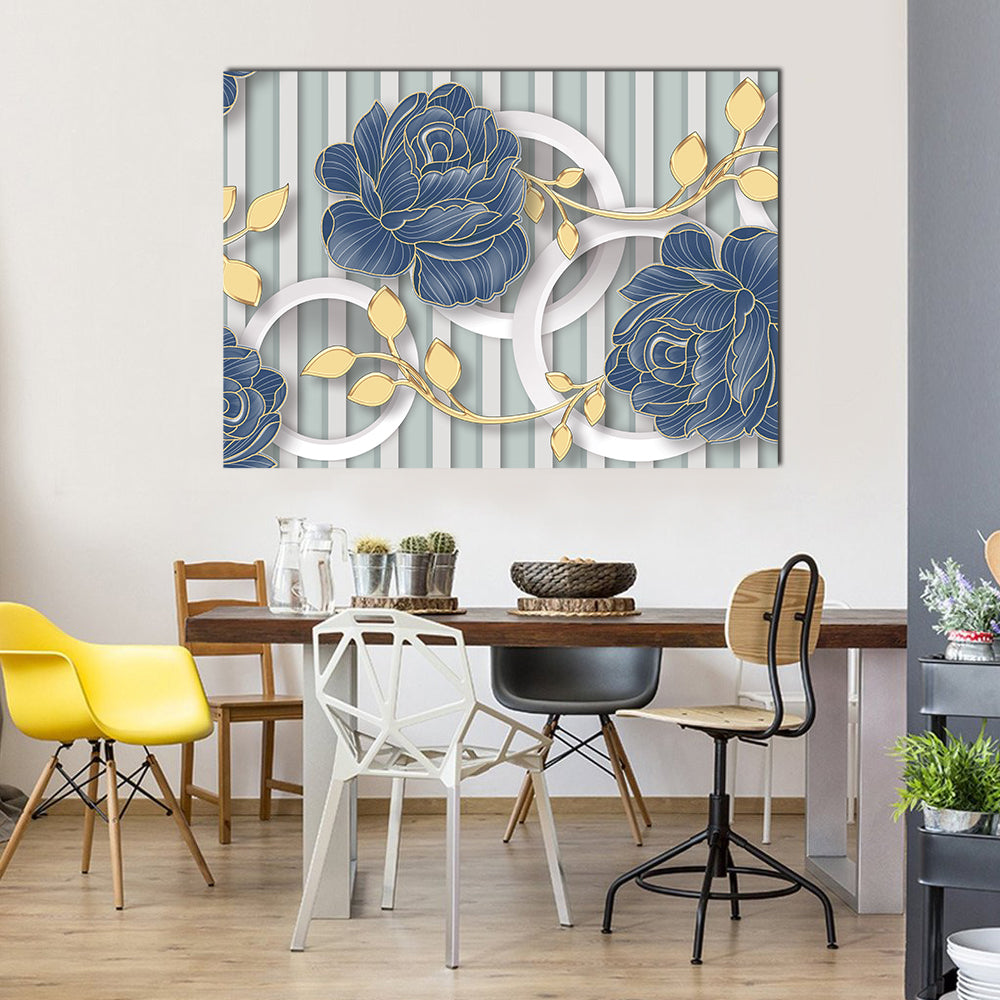 Abstract Blue Roses with Gold Leaves and Rings Canvas Wall Art in gray, gold and blue, single panel hung on a wall