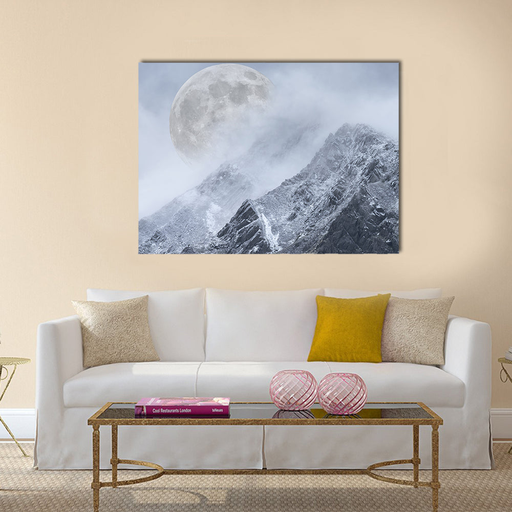 Supermoon Above Mountain Range Canvas Wall Art in white, gray and blue, single panel hung on a wall
