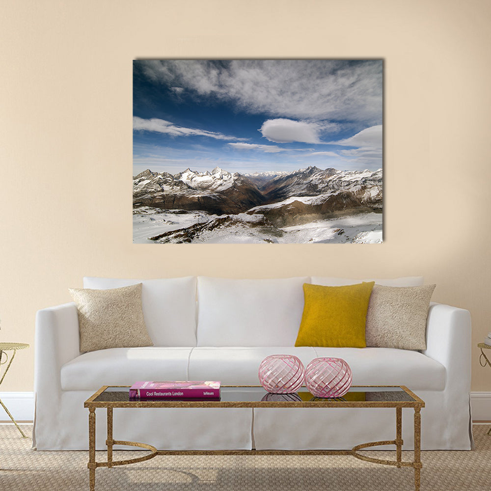 Snow Covered Peaks In Alpine Range Between Switzerland And Italy Canvas Wall Art