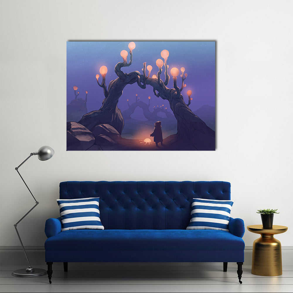 Surreal Jungle with Cloaked Figure Canvas Wall Art