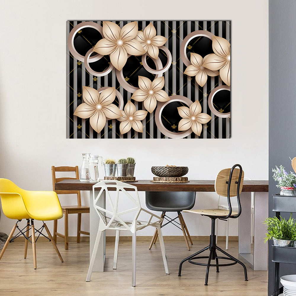Modern Abstract Floral with Gold Accents Canvas Wall Art in black, beige and gold, single panel hung on a wall