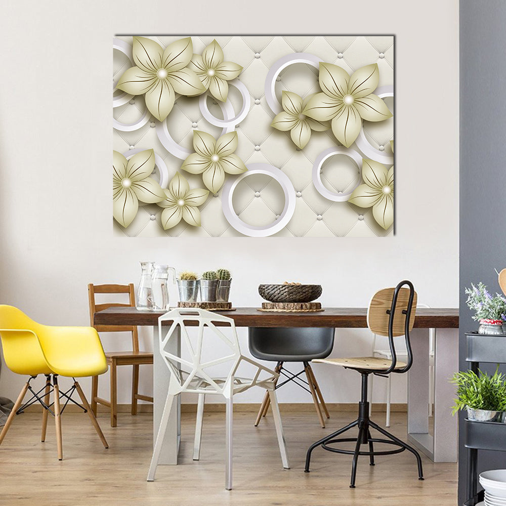Quilted Floral Wallpaper with Pearl Accents Canvas Wall Art in white, beige and gold, single panel hung on a wall