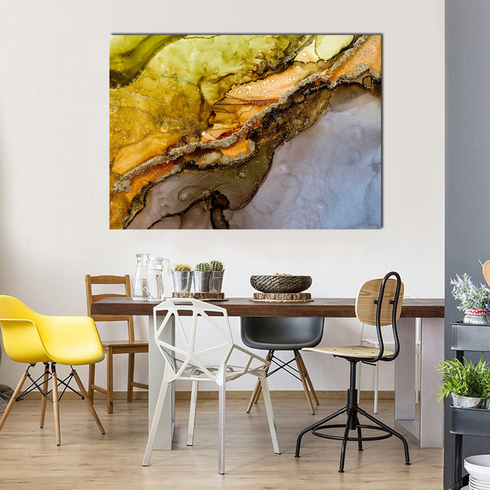 Alcohol Ink Abstract with Gold Veins Canvas Wall Art in gray, gold and yellow, single panel hung on a wall