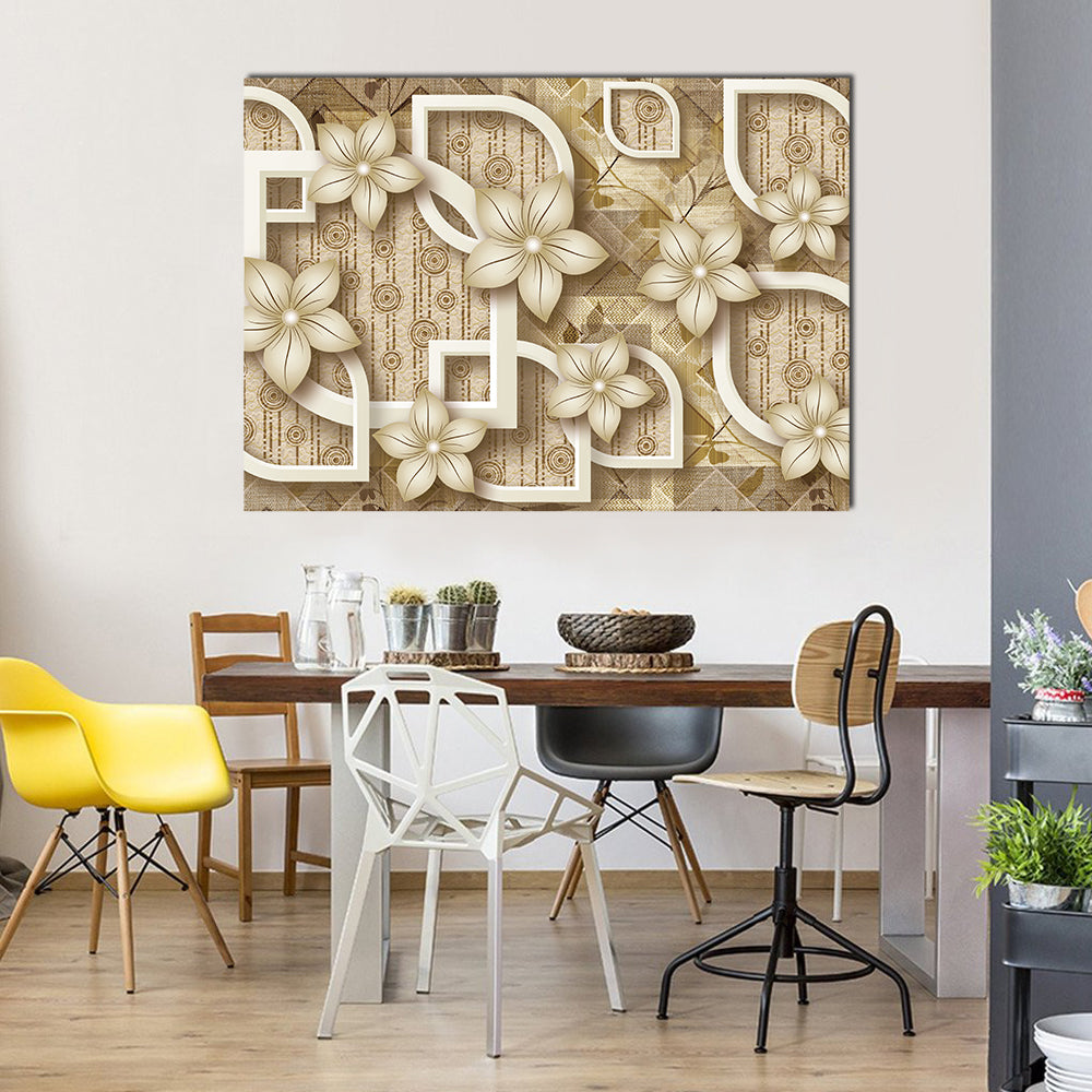 3d Floral Geometric Composition Canvas Wall Art in white, beige and gold, single panel hung on a wall