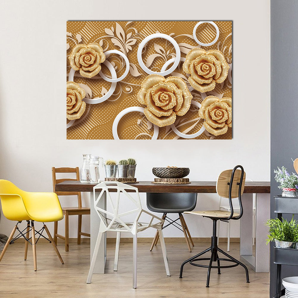3d Golden Rose Flower Canvas Wall Art in white and gold, single panel hung on a wall