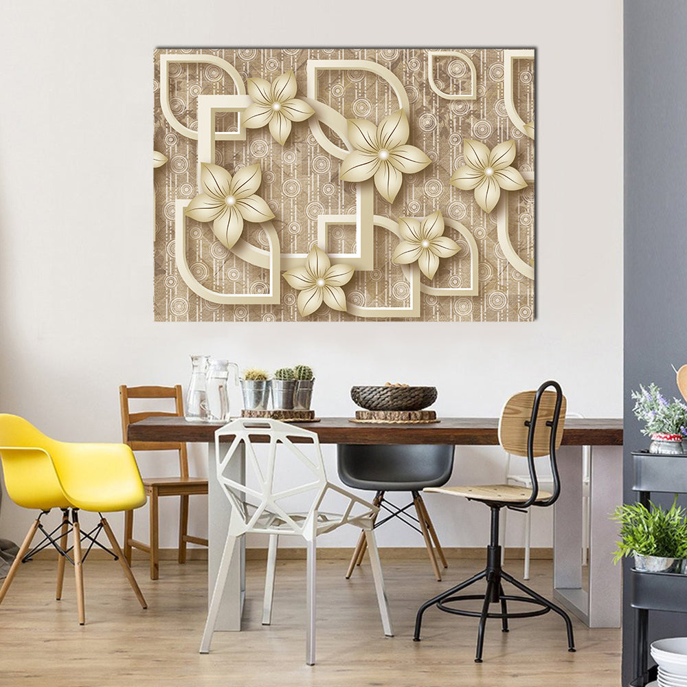 3d Stylized Flowers with Geometric Frames Canvas Wall Art in beige, brown and gold, single panel hung on a wall