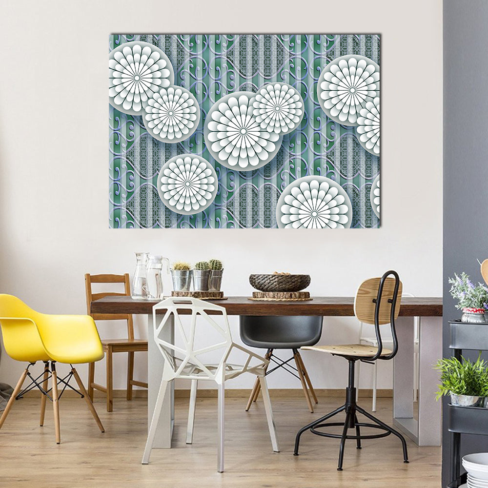 3d White Floral Mural Canvas Wall Art in white, gray and green, single panel hung on a wall