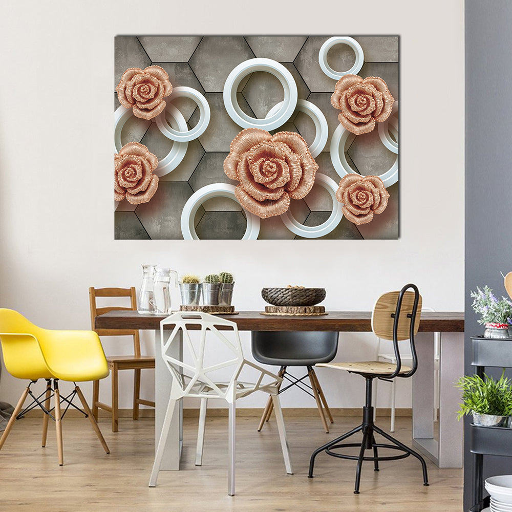Rose-gold Roses on 3d Tiles Canvas Wall Art in white and gray, single panel hung on a wall