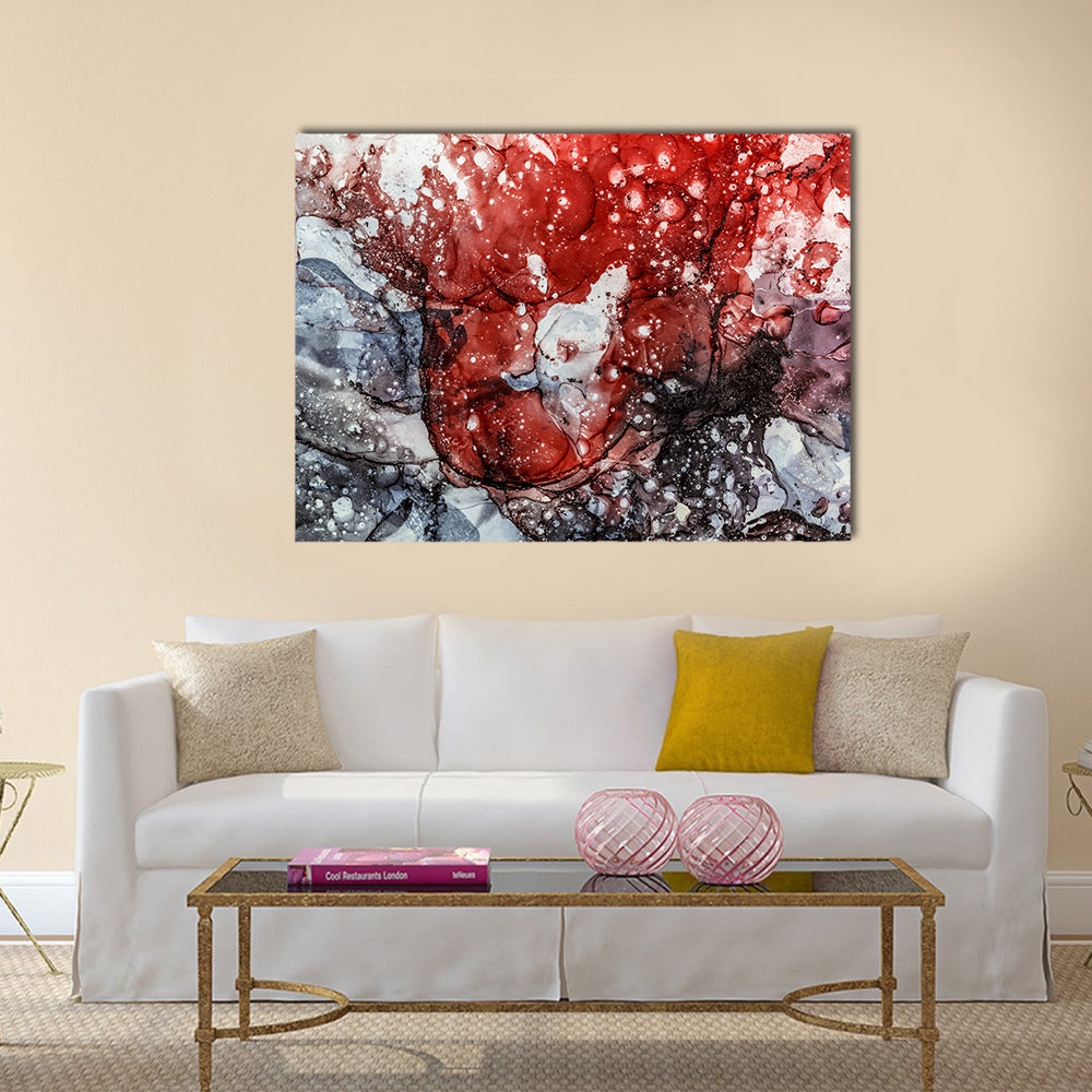 Textured Red Fluid Abstract Canvas Wall Art in black, gray and red, single panel hung on a wall