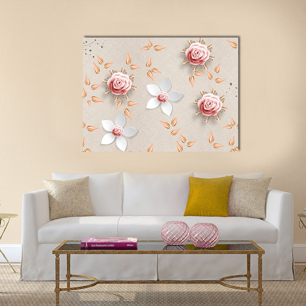 3d Stylized Pink Roses and White Flowers Canvas Wall Art