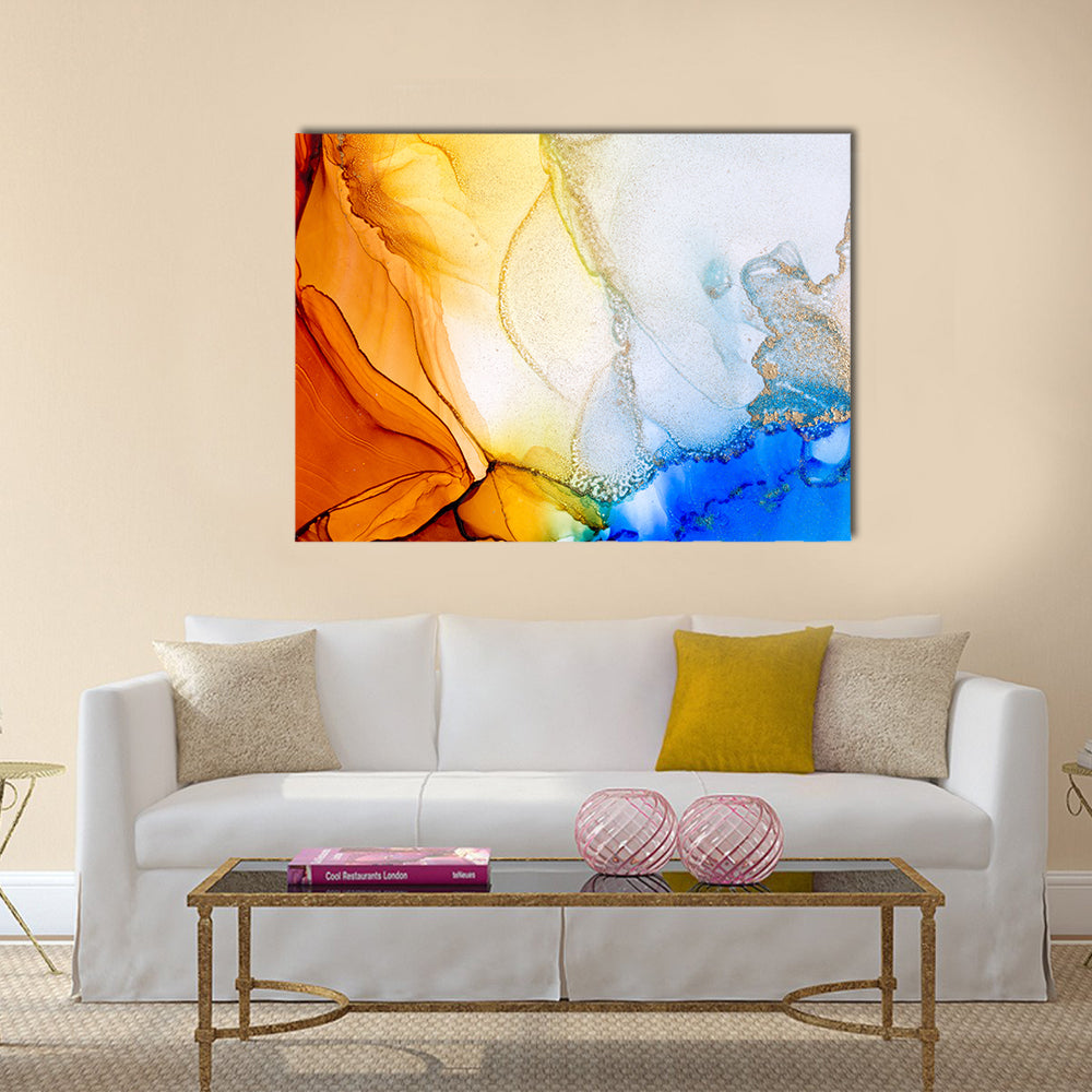 Coral Reef Beach Abstract Canvas Wall Art in gold, orange and blue, single panel hung on a wall
