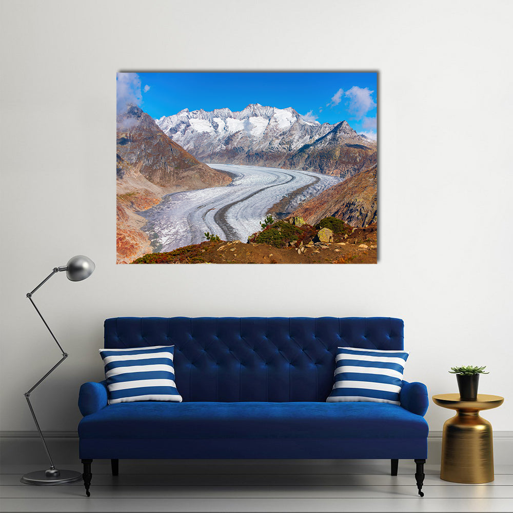 Great Aletsch Glacier, Swiss Alps Canvas Wall Art in white, brown and blue, single panel hung on a wall