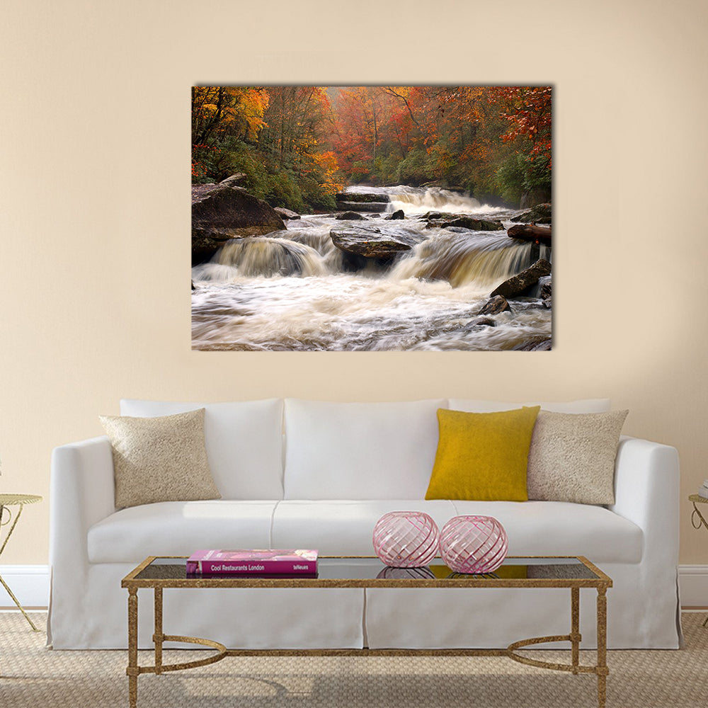 Autumn Mountain River In Carolina Canvas Wall Art in white, brown and orange, single panel hung on a wall