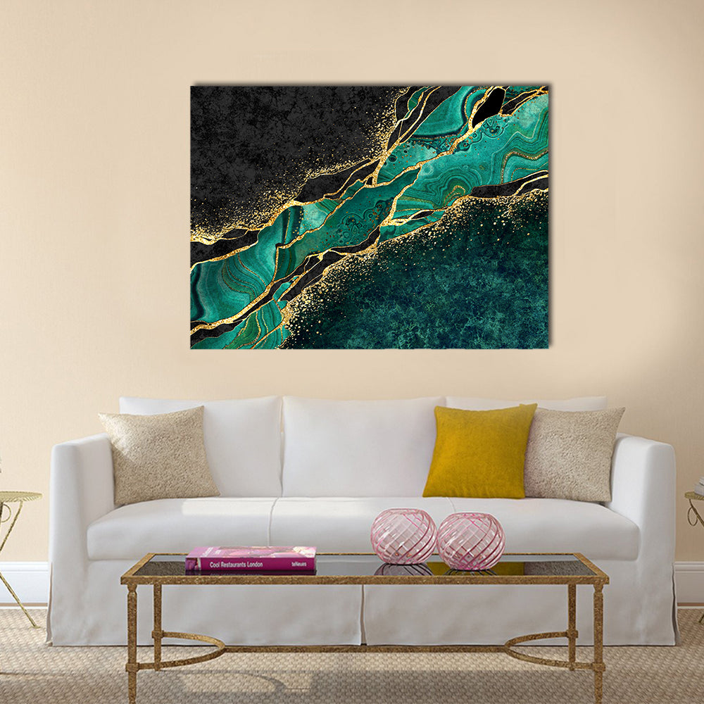 Teal Malachite Geode with Gold Veins Canvas Wall Art in black, gold and green, single panel hung on a wall