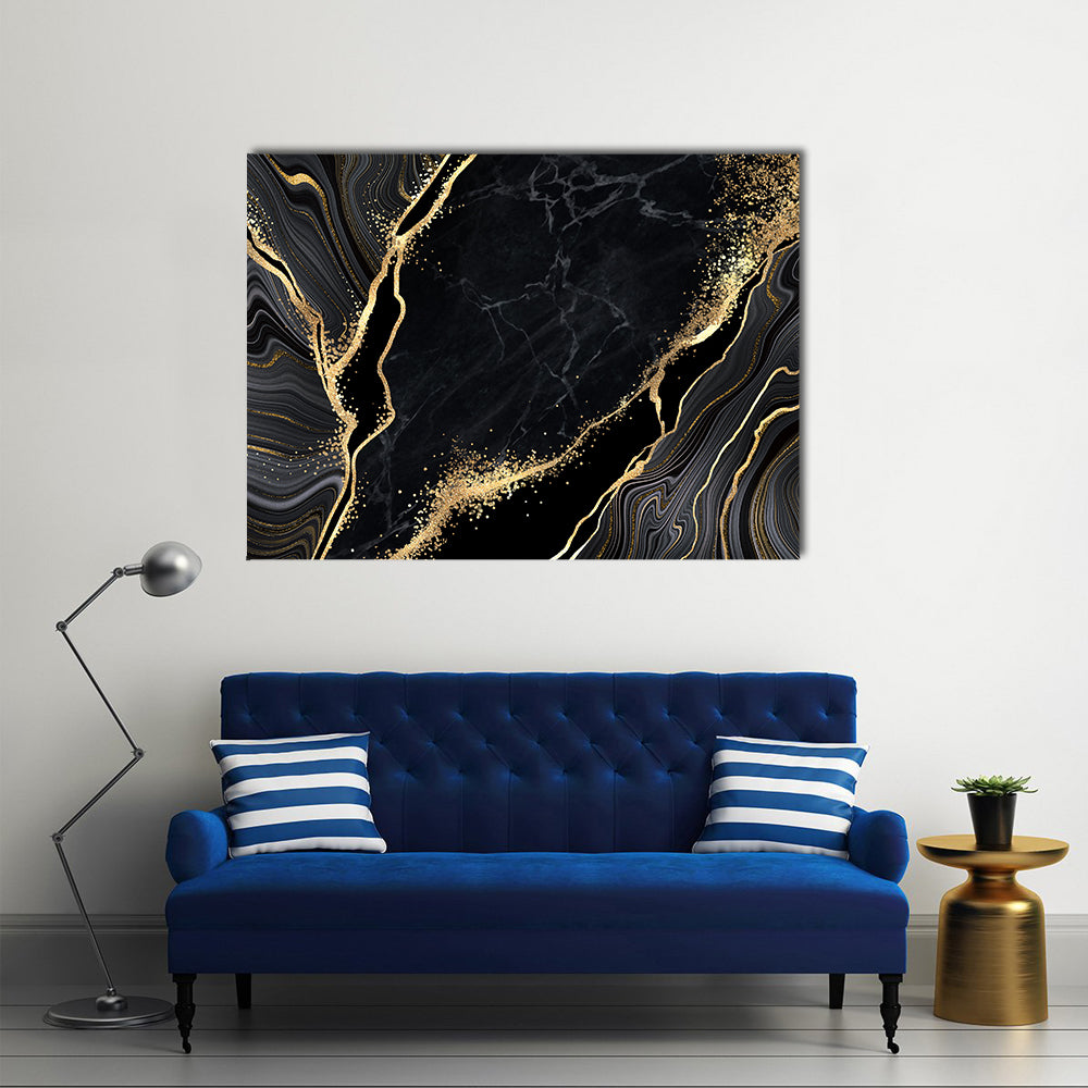 Black Marble With Gold Veins Canvas Wall Art in black, gray and gold, single panel hung on a wall