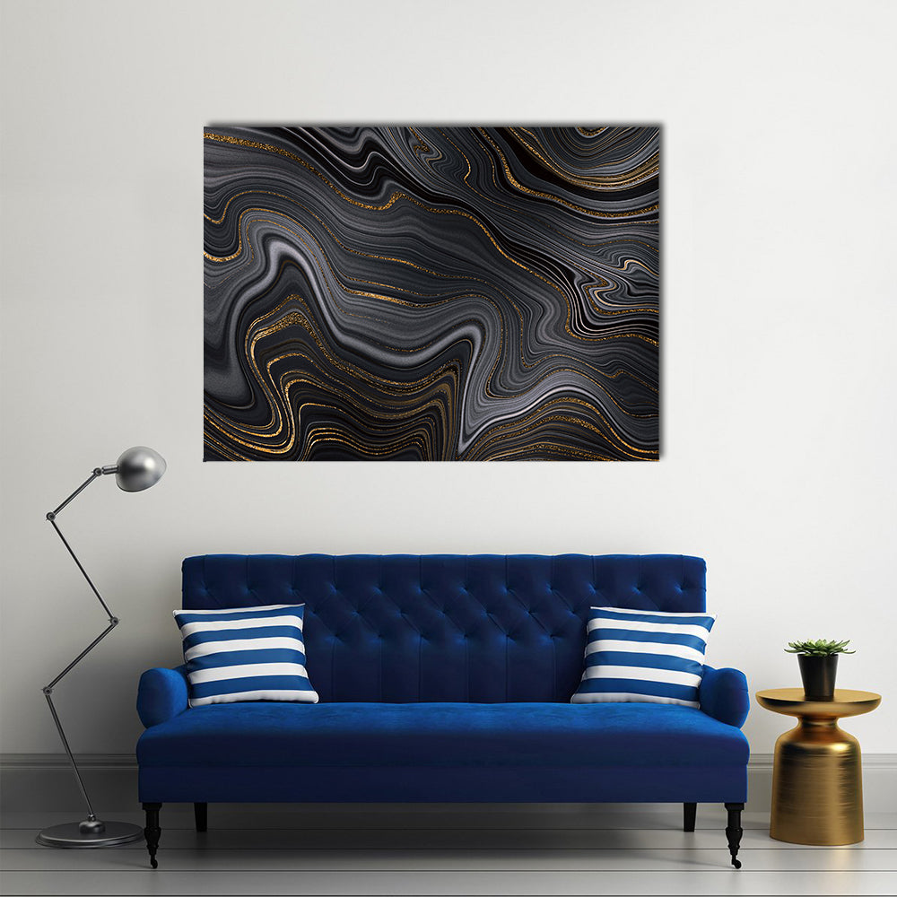 Golden Veins Texture Canvas Wall Art in black, gray and gold, single panel hung on a wall