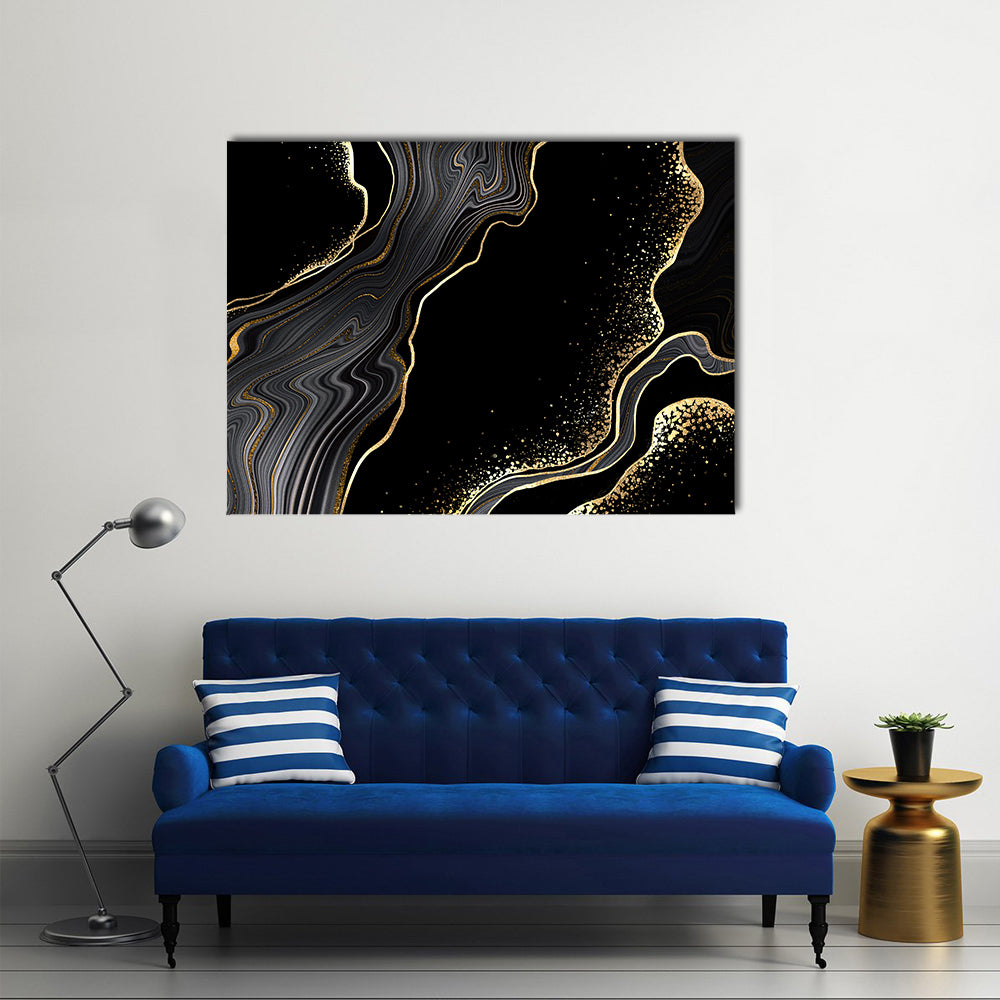 Textured Black Marble With Gold Veins Canvas Wall Art in black, gray and gold, single panel hung on a wall