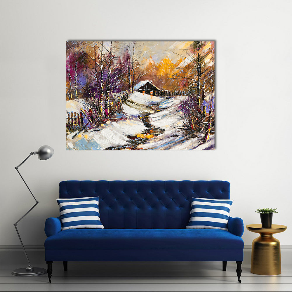 Rural Winter Landscape with Cabin Canvas Wall Art in white, brown and multicolor, single panel hung on a wall