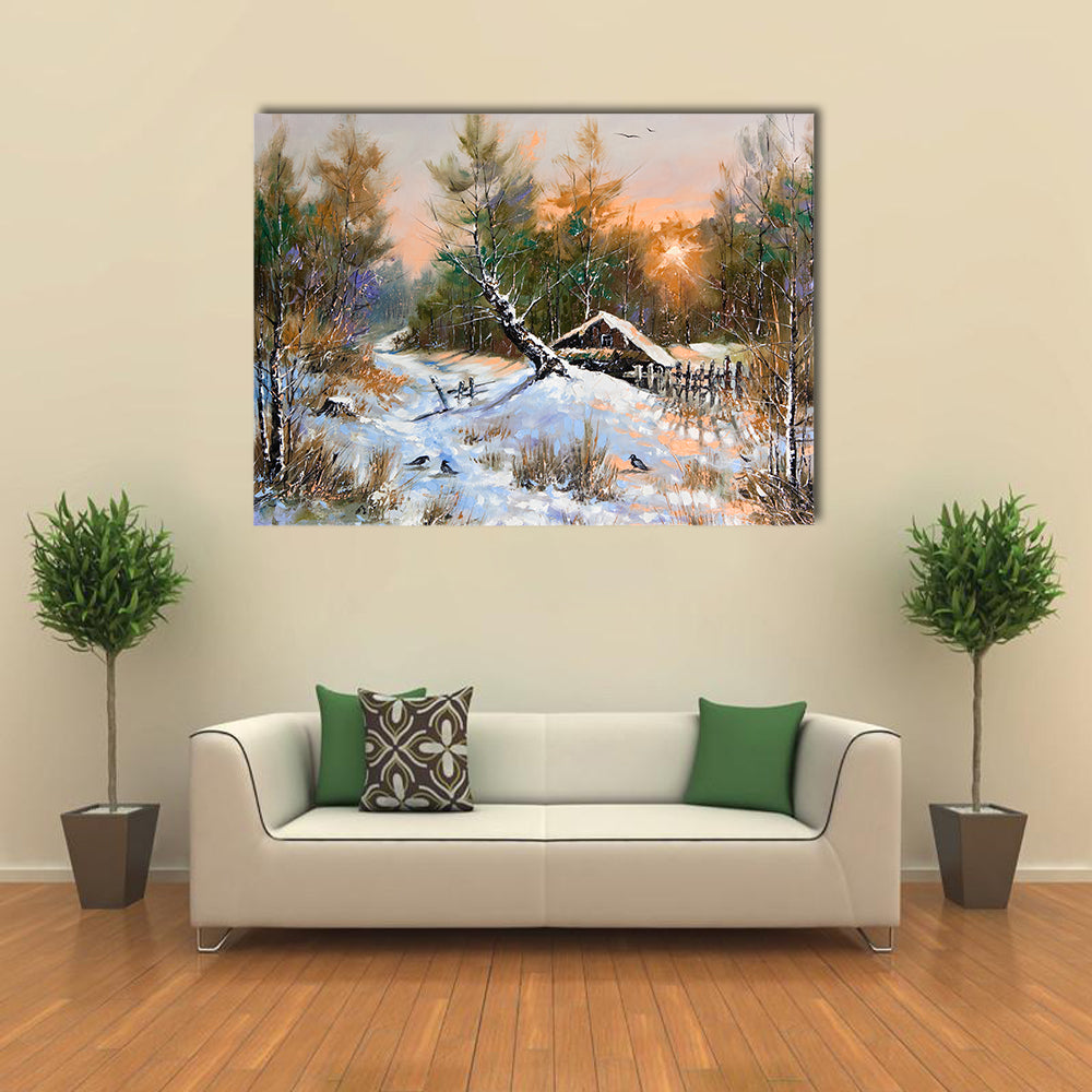 Snowy Cabin in Winter Forest Canvas Wall Art in white, brown and orange, single panel hung on a wall