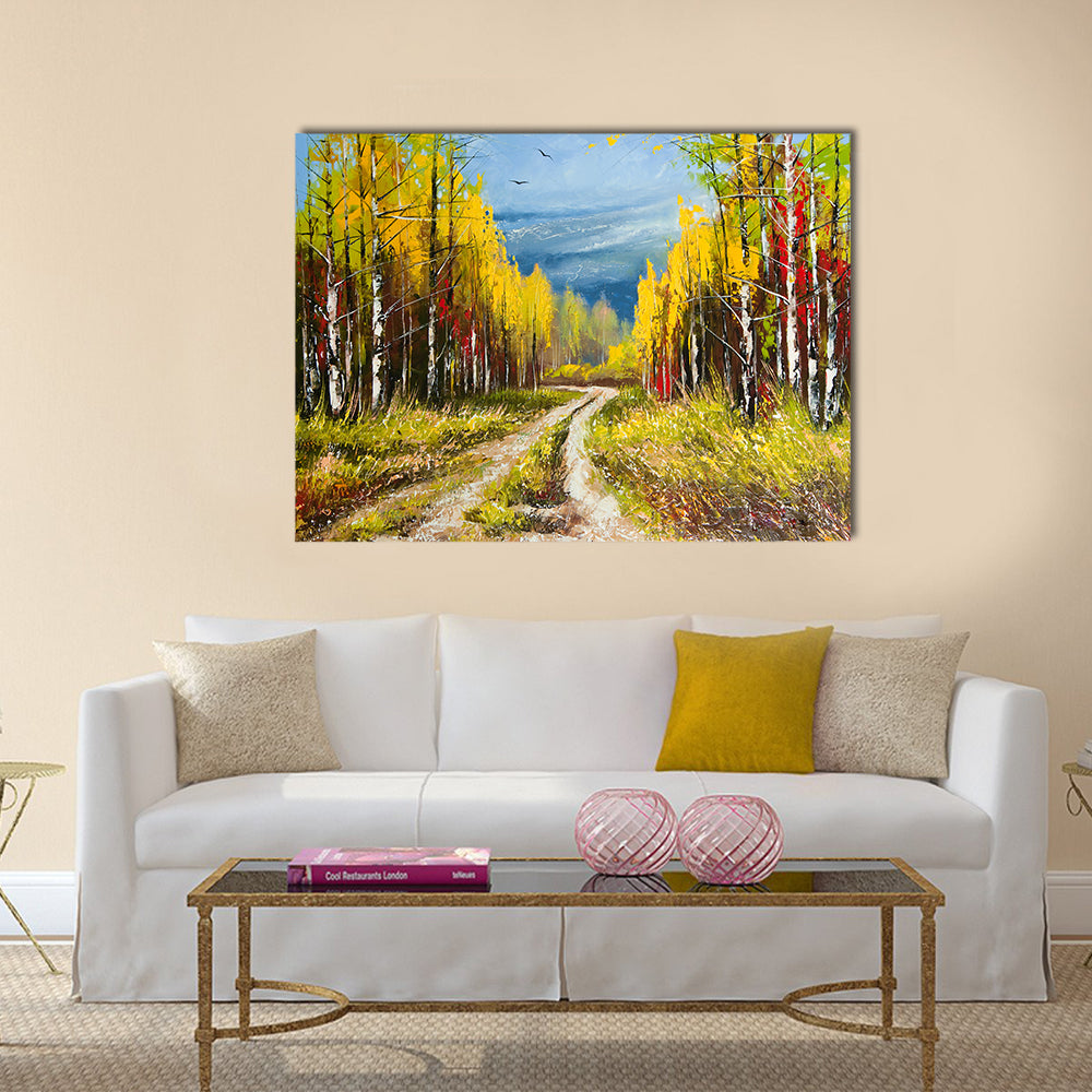 Autumn Forest Path with Birch Trees Canvas Wall Art in yellow, green and blue, single panel hung on a wall