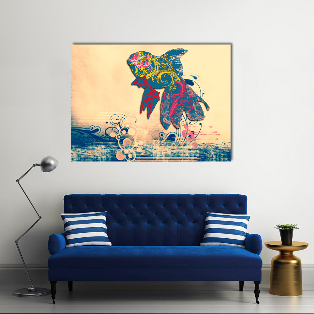 Grunge Goldfish with Ornate Floral Patterns Canvas Wall Art in beige, blue and pink, single panel hung on a wall