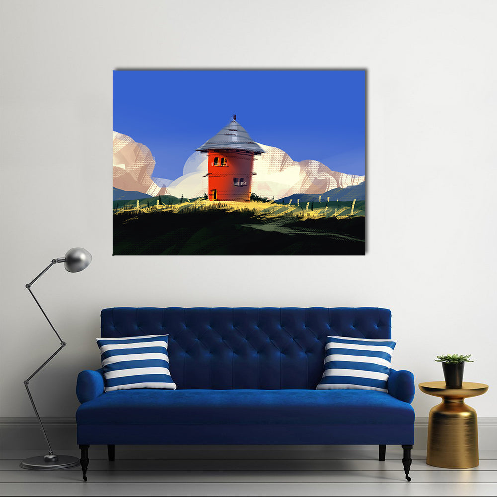 Red Tower on Grassy Hill Canvas Wall Art