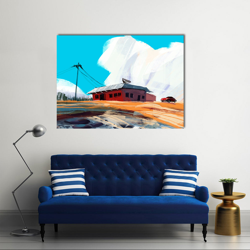 Red House and Vintage Car in Desert Canvas Wall Art in red, orange and blue, single panel hung on a wall