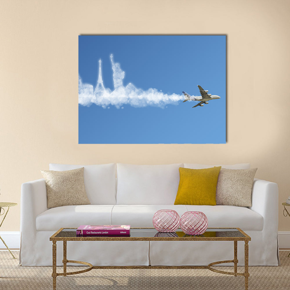 Commercial Jet with Landmark Smoke Trail Canvas Wall Art in white and blue, framed canvas, product view on a white background