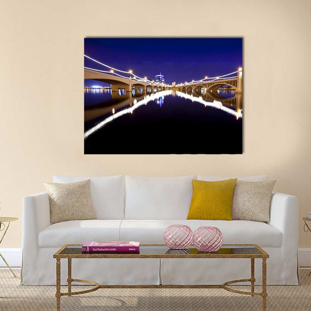 Mill Avenue Bridges In Tempe Arizona Canvas Wall Art in black, yellow and blue, single panel hung on a wall