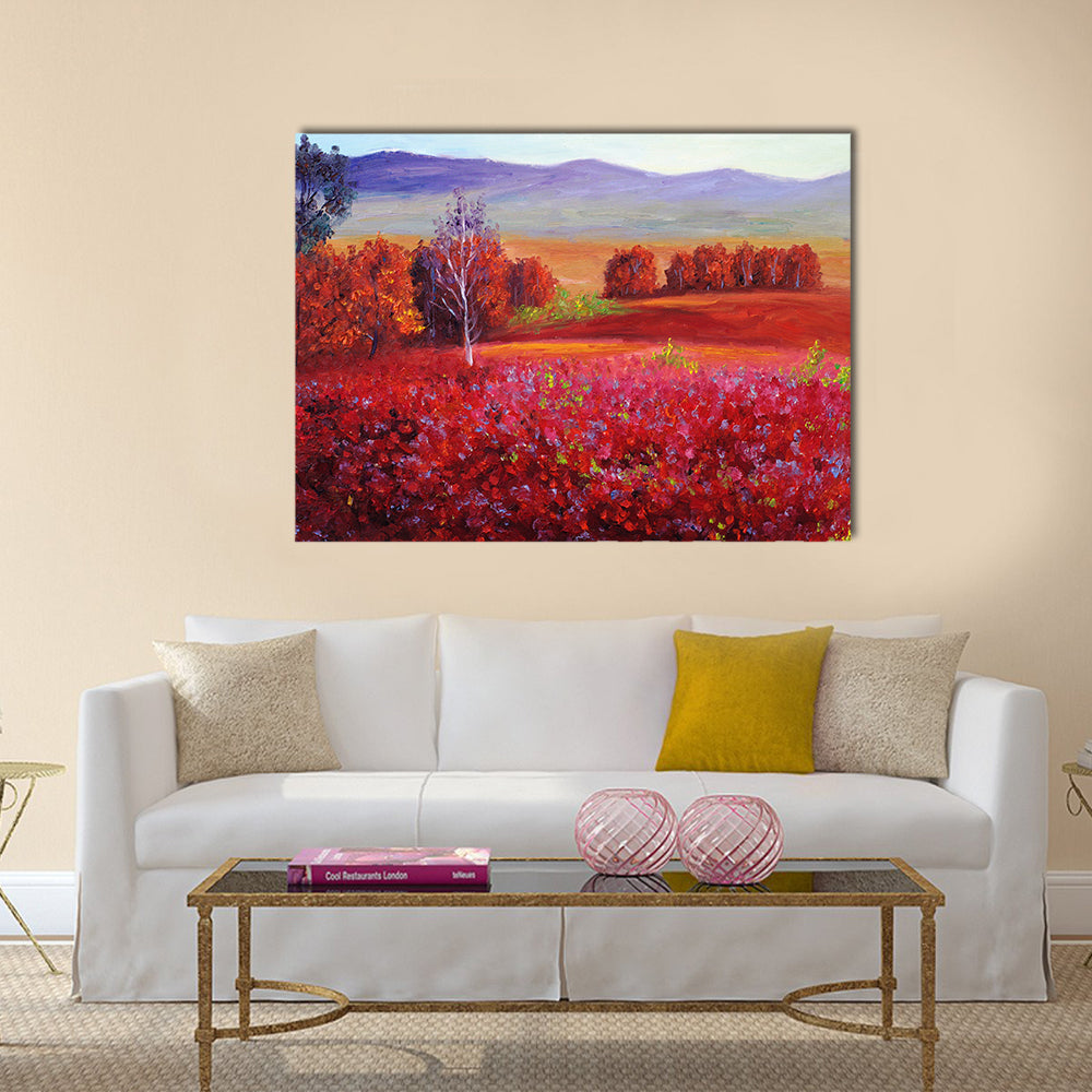 Red Flower Field with White Birch Canvas Wall Art in red, orange and purple, hung on a wall