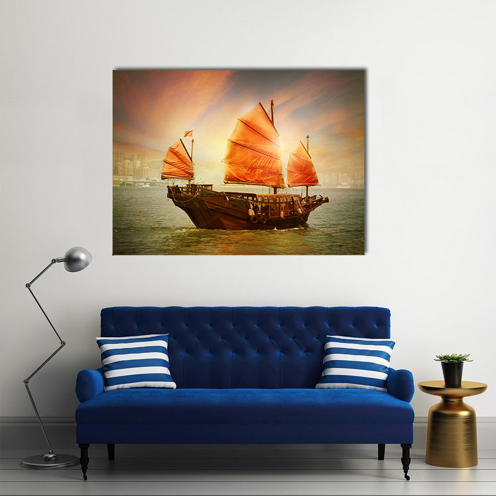 Chinese Junk Boat at Sunset Canvas Wall Art