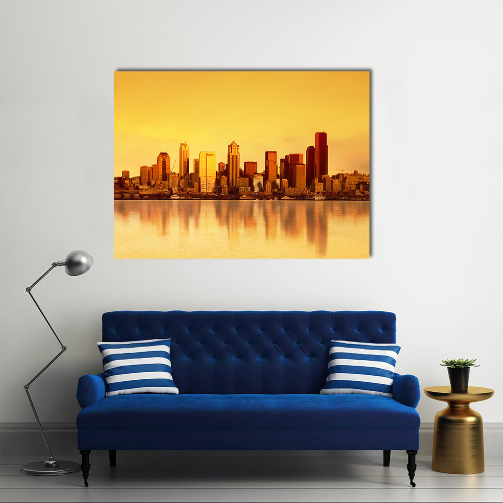 Seattle Skyline at Sunset Canvas Wall Art in gold, orange and yellow, single panel hung on a wall