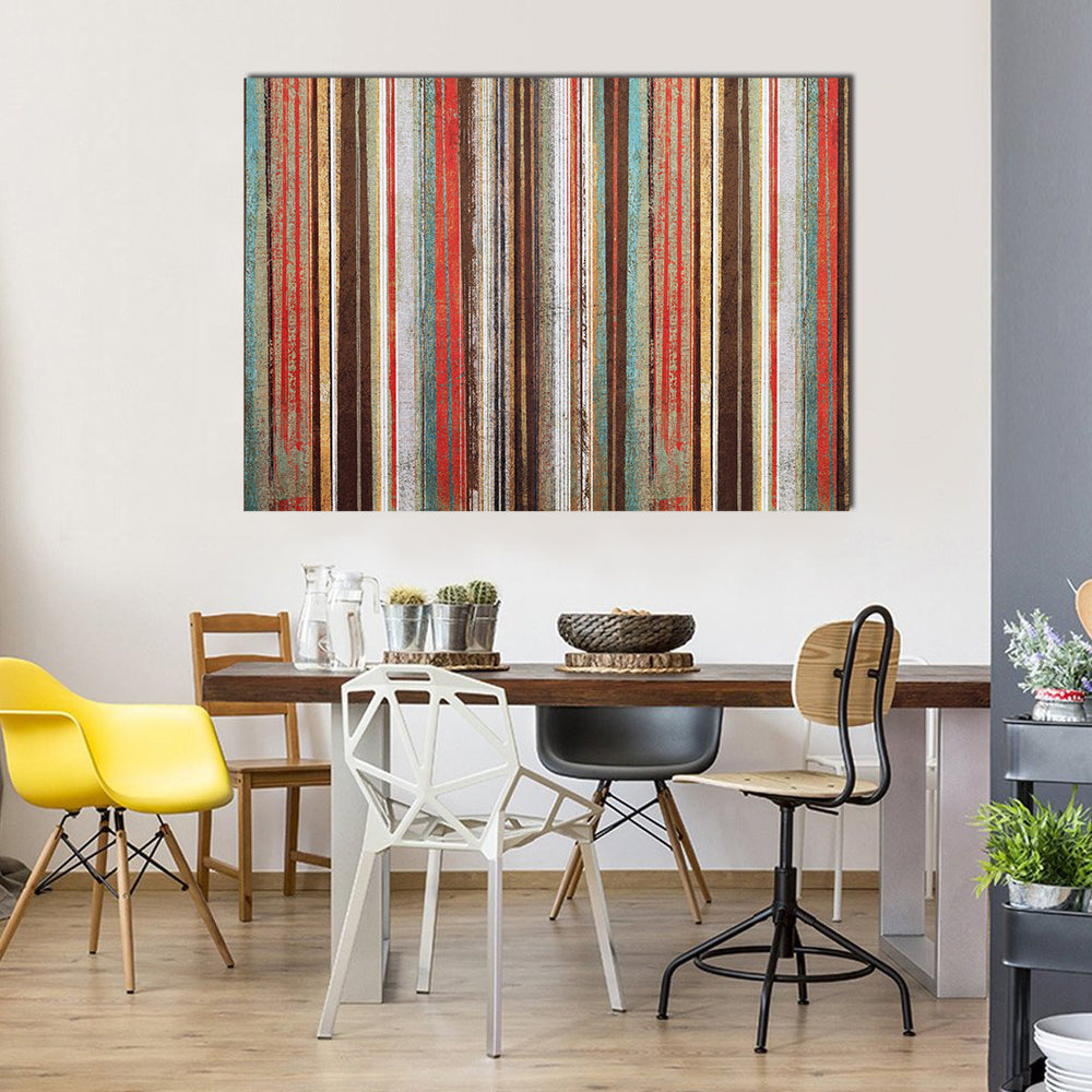 Vintage Shabby Striped Wallpaper Canvas Wall Art in brown and red, single panel hung on a wall