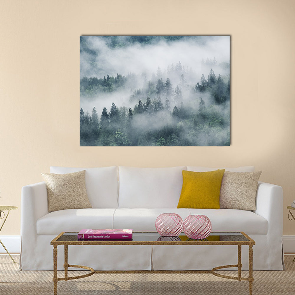 Foggy Forest In The Mountains Canvas Wall Art in white, gray and green, single panel hung on a wall