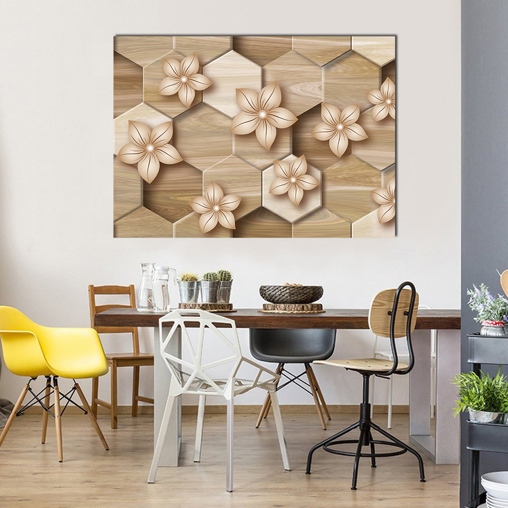 Honeycomb Floral Mural Canvas Wall Art in beige and brown, single panel hung on a wall