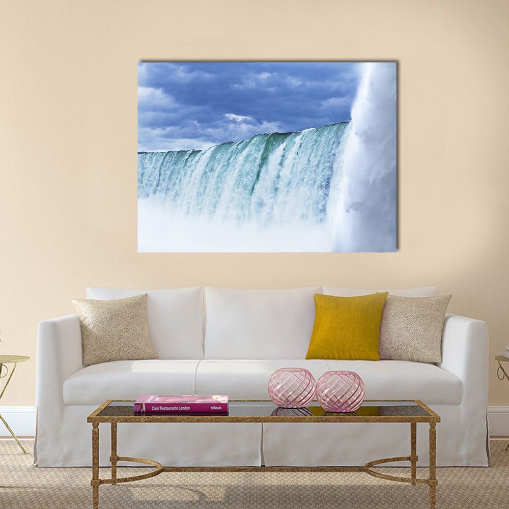 Niagara Falls Horseshoe In Canada Canvas Wall Art in white, green and blue, single panel hung on a wall