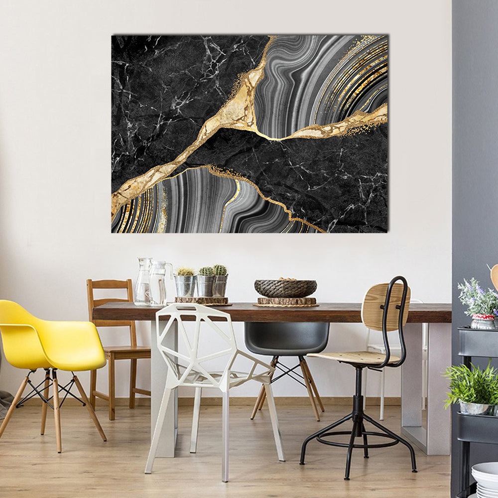 Gold-flecked Marble and Agate Texture Canvas Wall Art in black, gray and gold, single panel hung on a wall