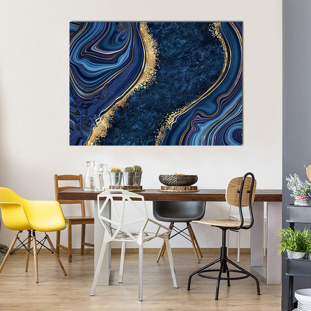 Blue Agate with Gold Veins Canvas Wall Art in gold, blue and navy, single panel hung on a wall