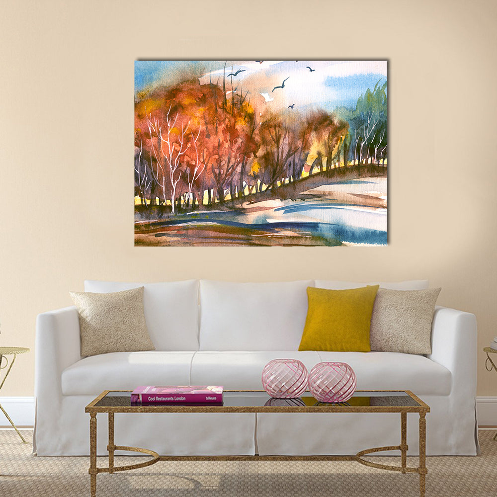 Autumn Lakeside Tree Line Canvas Wall Art