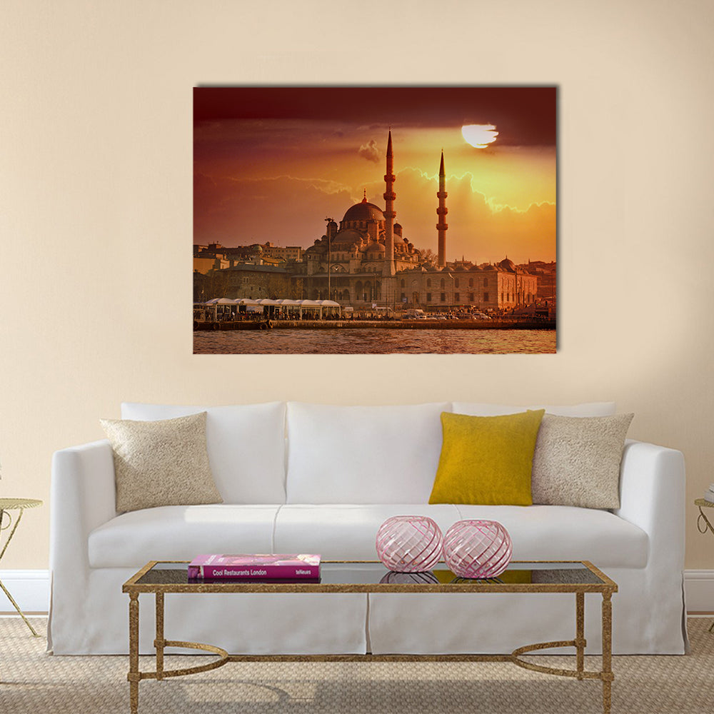 Suleymaniye Mosque At Sunset In Istanbul Canvas Wall Art in brown, orange and yellow, single panel hung on a wall