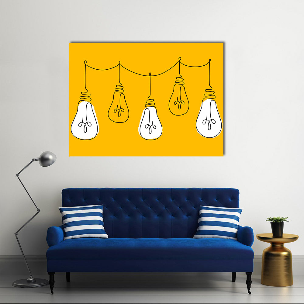 Five Light Bulbs Line on Yellow Canvas Wall Art in black, white and yellow, single panel hung on a wall