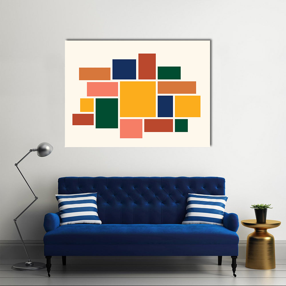Yellow Square Abstract Geometric Collage Canvas Wall Art in beige, yellow and multicolor, single panel hung on a wall
