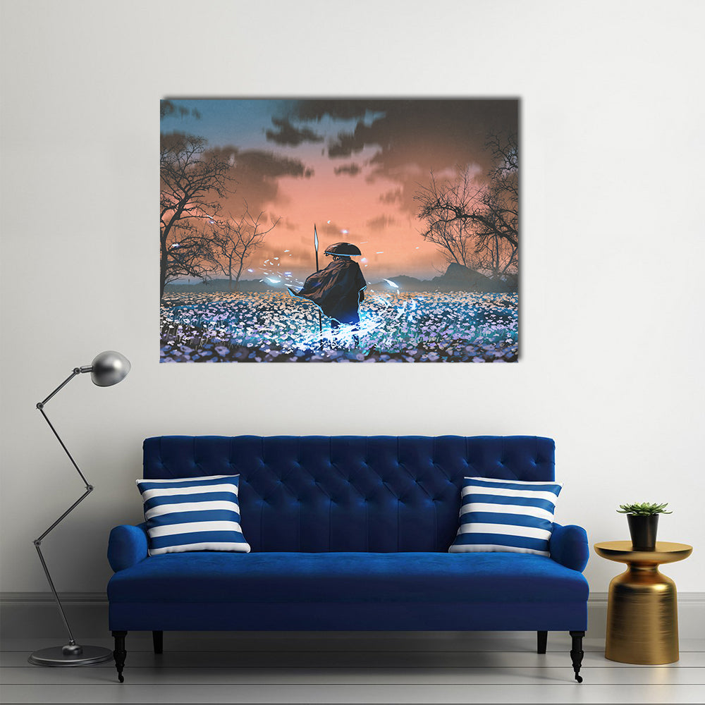 Ancient Samurai in Flowered Meadow Canvas Wall Art