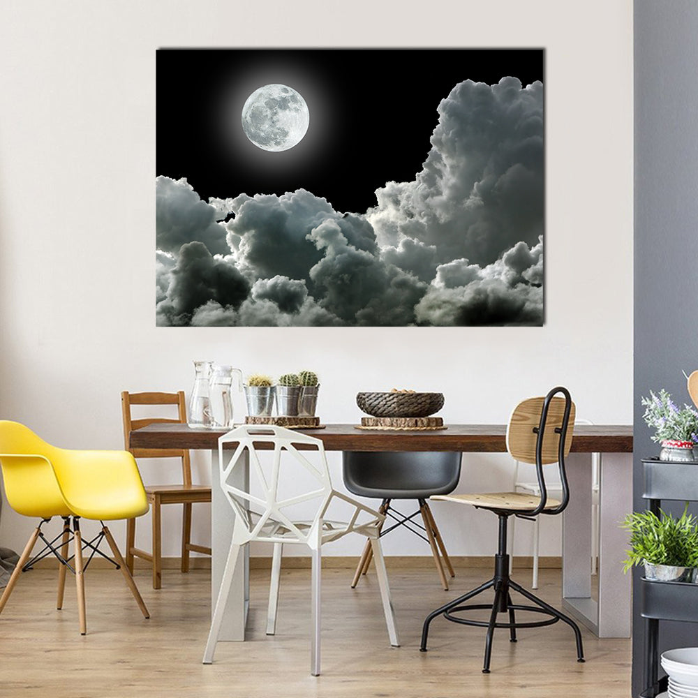 Luminous Full Moon in Storm Clouds Canvas Wall Art in black, white and gray, single panel hung on a wall