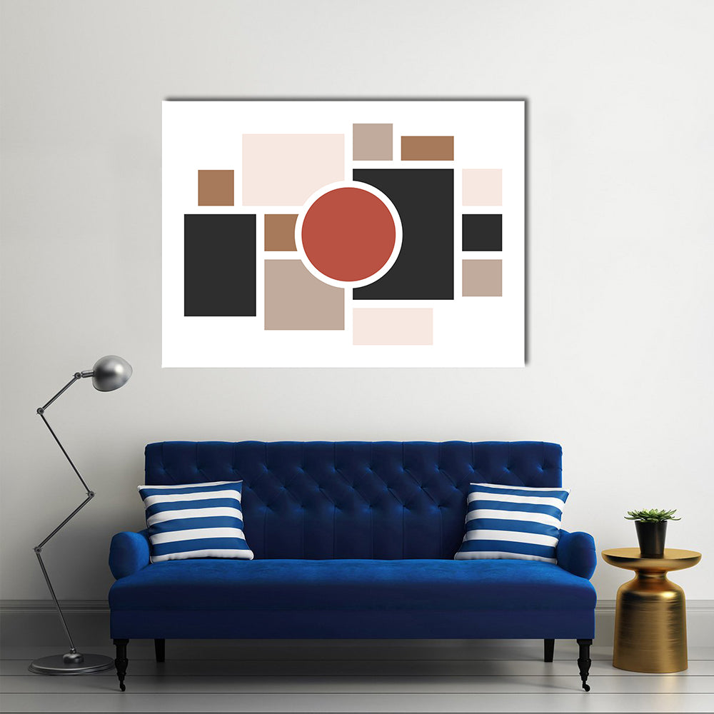 Central Red Circle Geometric Collage Canvas Wall Art in black, white and red, single panel hung on a wall